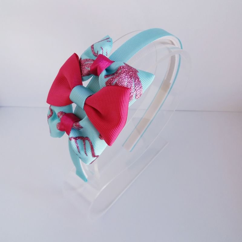 Tiara 3 Laços Média Azul e Pink Sereia Glitter