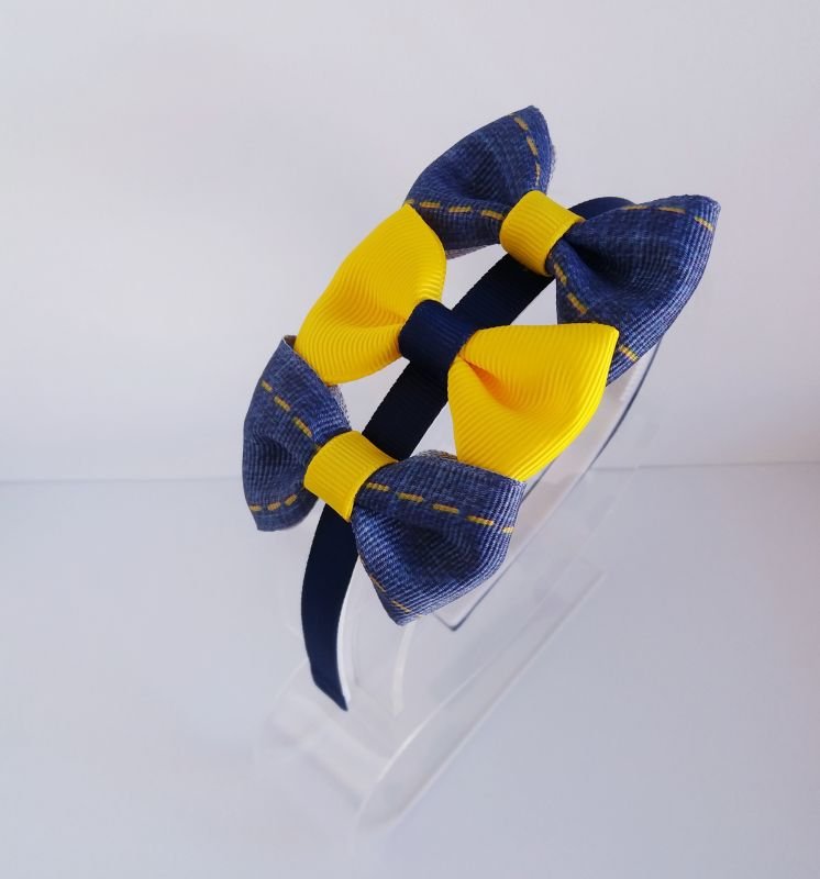 Tiara 3 Laços Pequena Azul Presponto Amarelo