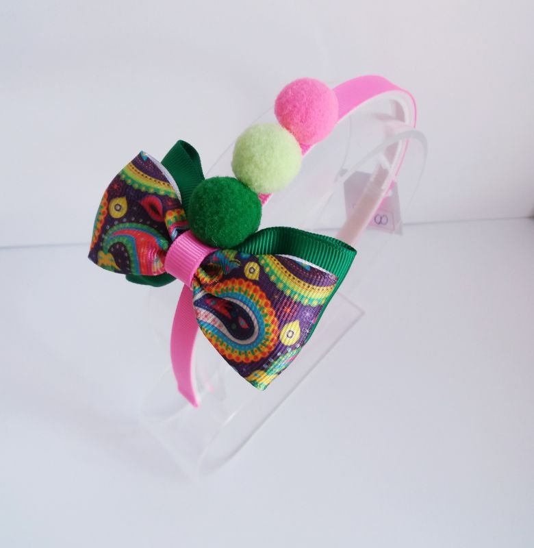Tiara Laço Duplo Laço e Pompom Neon