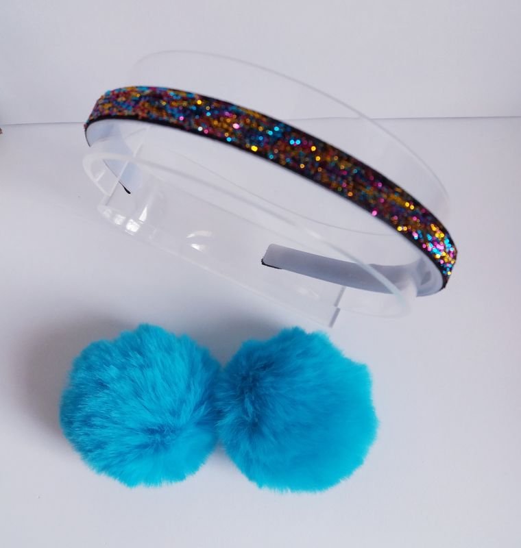 Tiara Pompom Removível Lurex Color Pompom Azul - Imagem 2