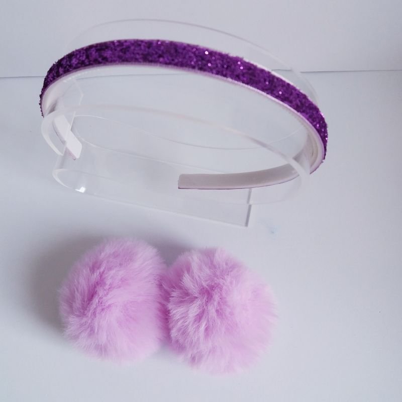 Tiara Pompom Removível Lurex e Pompom Lilás